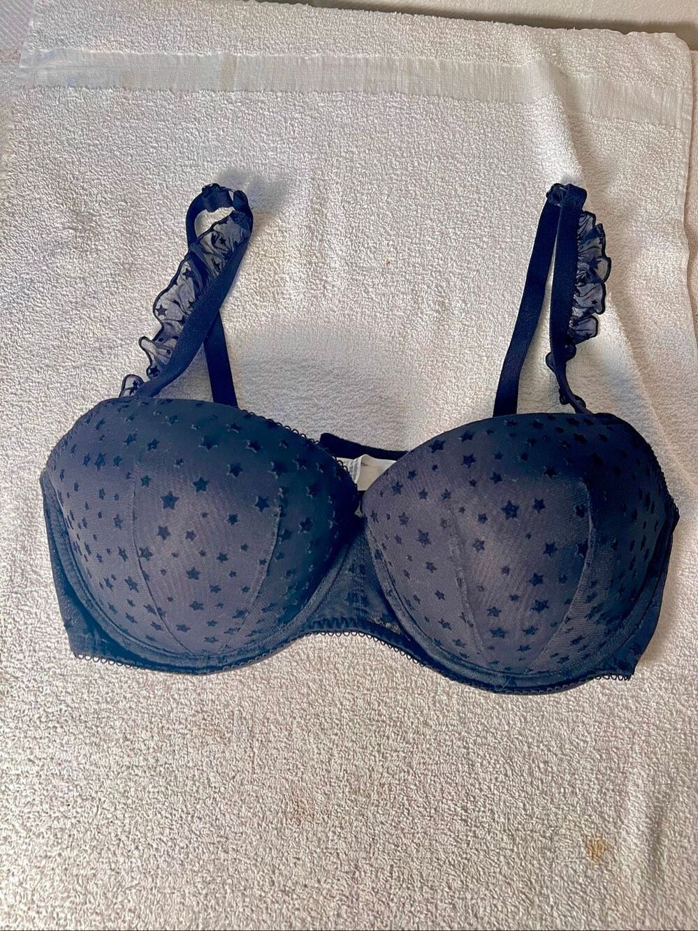 Victoria’s Secret PINK Push Up Underwire Bra 36DD Black Sheer Mesh Star Print